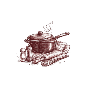 Vintage illustration of a steaming casserole dish with serving utensils and salt and pepper shakers