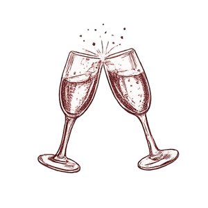 Vintage illustration of two champagne glasses clinking in a celebratory toast