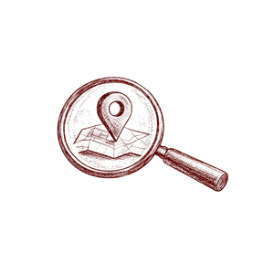 Vintage illustration of a magnifying glass highlighting a location pin on a map