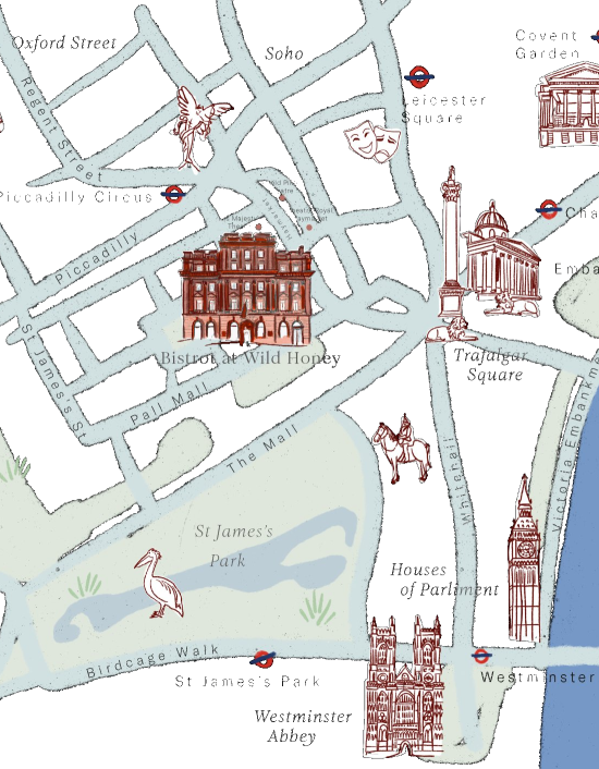 Illustrated map showing Bistrot at Wild Honey near St Jamesâ€™s Park and central London landmarks